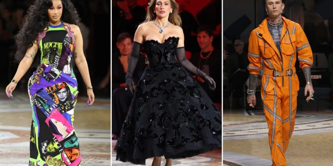 Cardi B, Jennifer Lopez en mgk op de catwalk tijdens Milan Fashion Week.